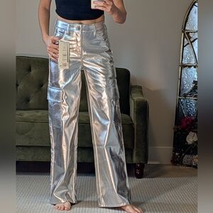 Metallic Silver Cargo Wide Leg Pants High Rise Women's XS NWT On Trend Fashion